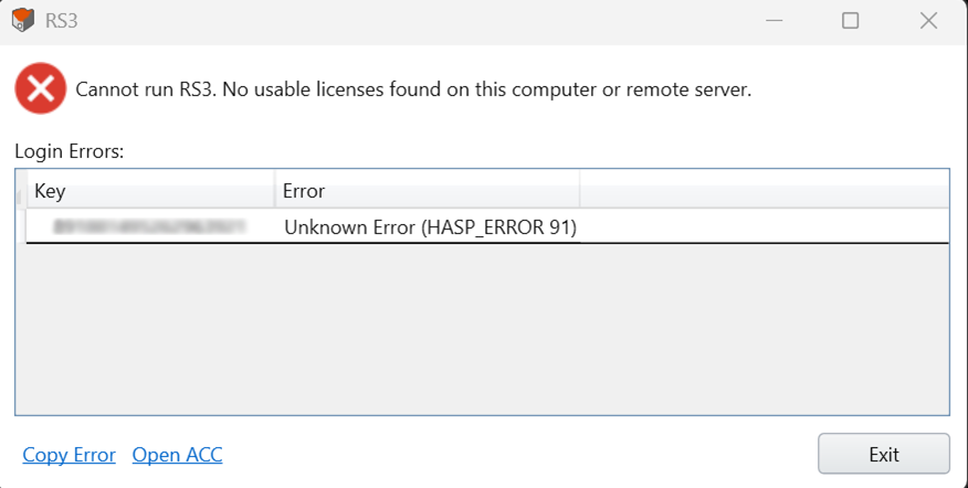 An image of an instance of RS3 running which displays the error (HASP_ERROR_91)