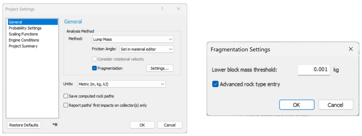 Figure 3. Project Settings for Rockfall Fragmentation