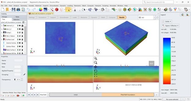 Figure 6. Fully computed model from RS3 with single prompt from RSInsight for pile raft foundation tutorial.