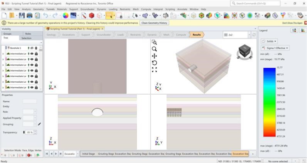   Figure 8. Fully generated and computed model in RS3 with RSInsight for tunnel example. 