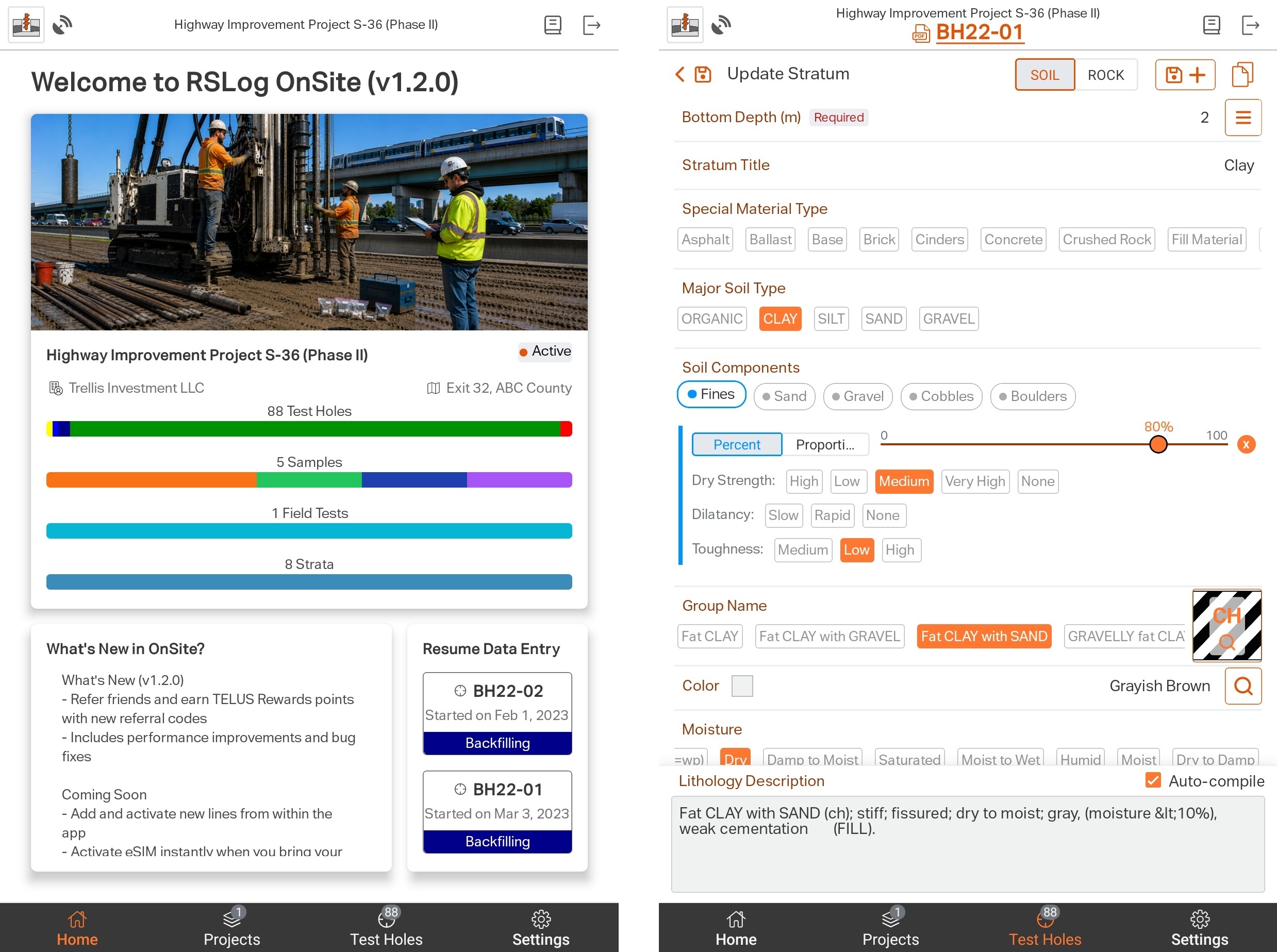Figure 2. RSLog OnSite enables field teams to capture and update borehole data directly at the job site, with structured soil and rock logging workflows.