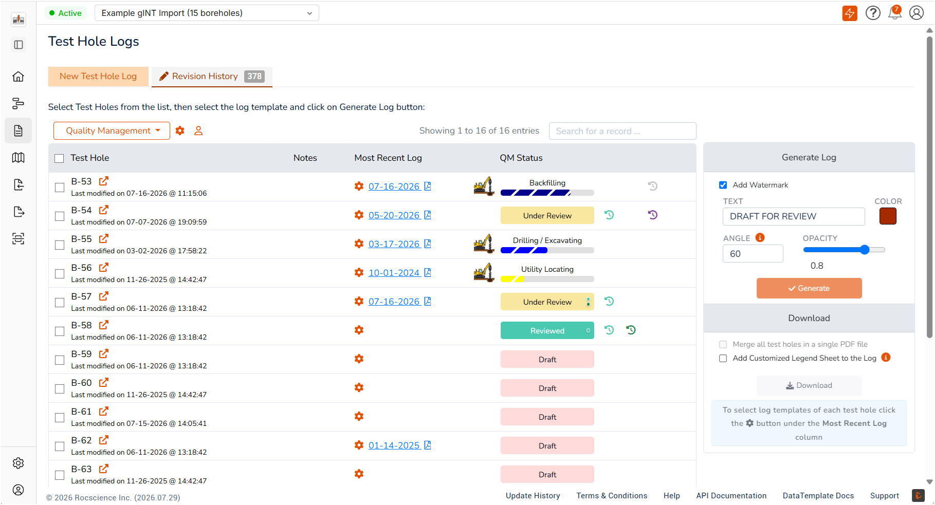 Figure 1. RSLog Quality Management provides a central view of borehole review status, revision history, and approval workflows.