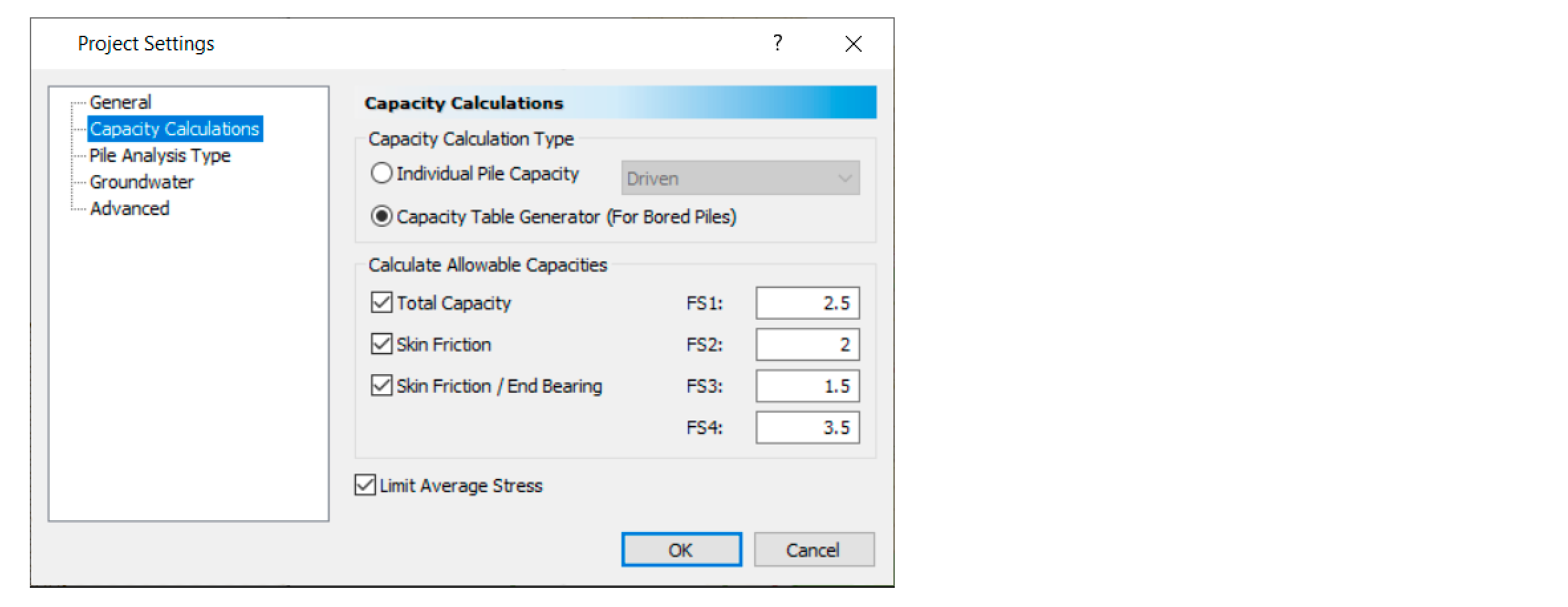 Capacity Table Dialog in RSPile