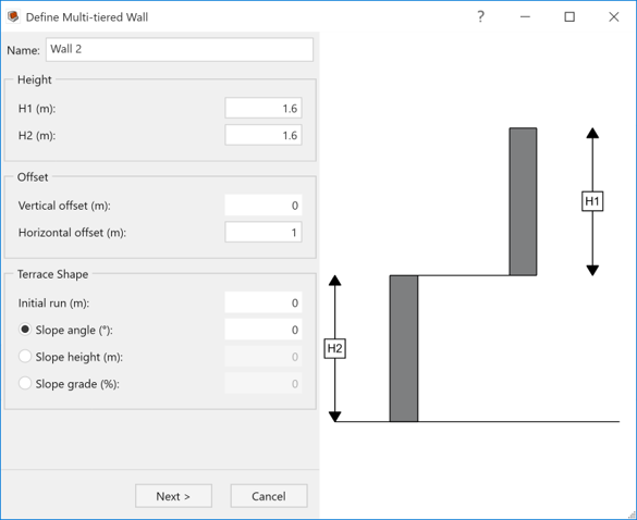 Figure 1. The Multi-Tiered Wall Wizard in RSWall allows engineers to define tier geometry, offsets, terrace shape, and wall-unit dimensions.