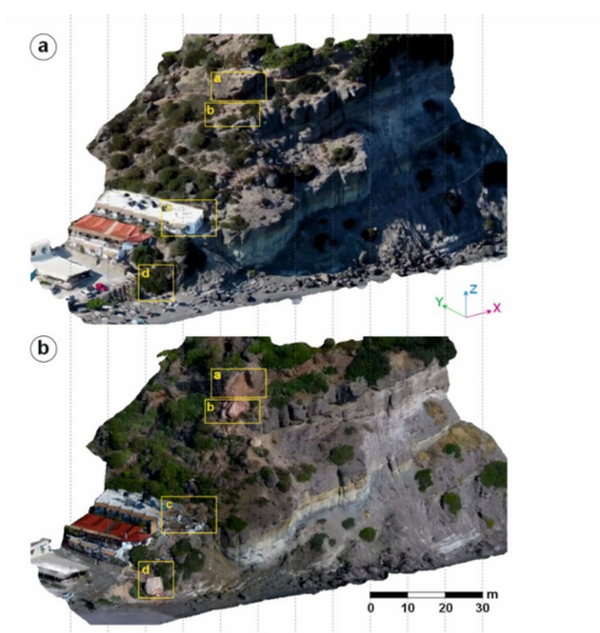 Figure 2. Pre- and post-incident 3D models of the Agia Fotia site reconstructed from crowdsourced UAV footage.