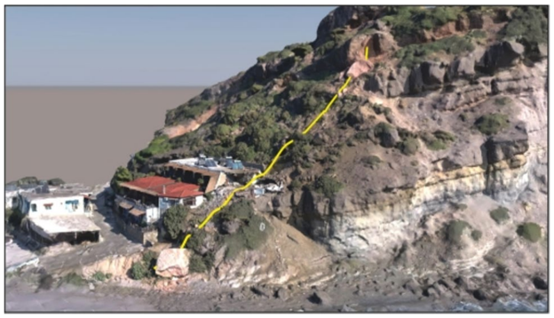 Figure 4. Closest matching RocFall3 trajectory superimposed on the reconstructed Agia Fotia 3D terrain model.