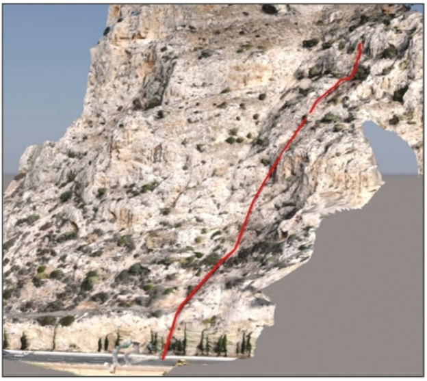 Figure 6. Closest matching RocFall3 trajectory for the Kakia Skala incident, superimposed on the reconstructed 3D terrain model.