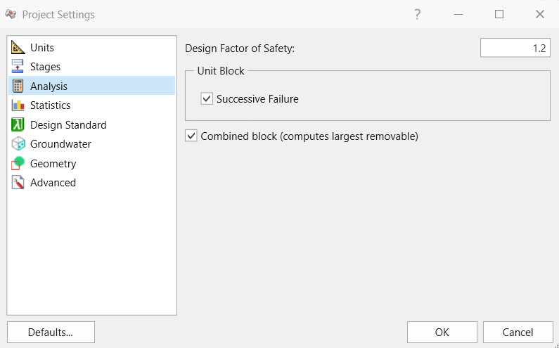 Figure 3. Project Settings in RocTunnel3 for Combined Block Analysis.