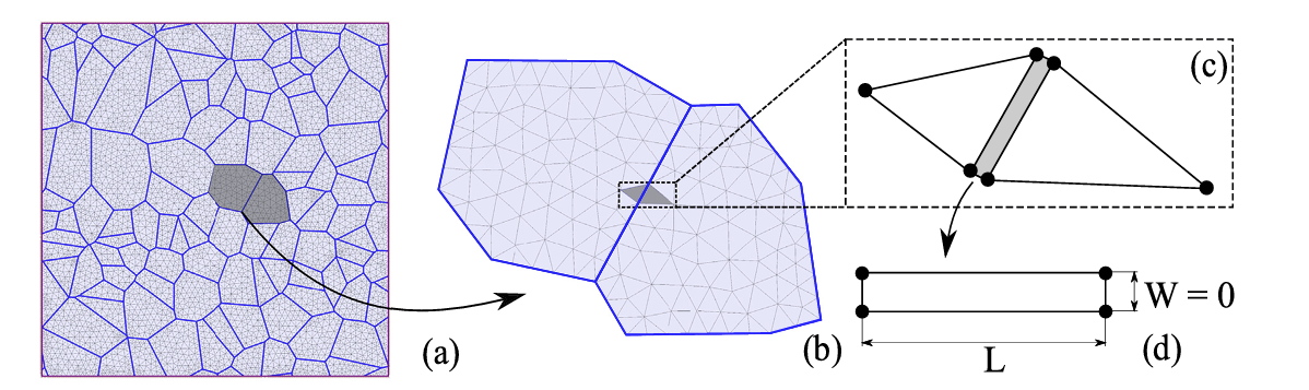 Figure 2. (a) Discretization process used by CVBM, (b) Voronoi Blocks, (c) triangular mesh, and (d) Goodman’s joint element in the interface between two blocks