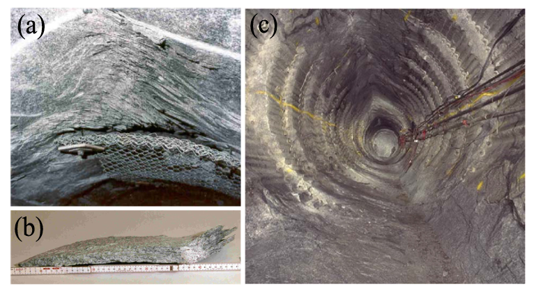 Figure 3. Mine-by tunnel failure: (a) Fracturing due to spalling, (b) rock slab removed from the deteriorated region, and (c) final section with V-notch