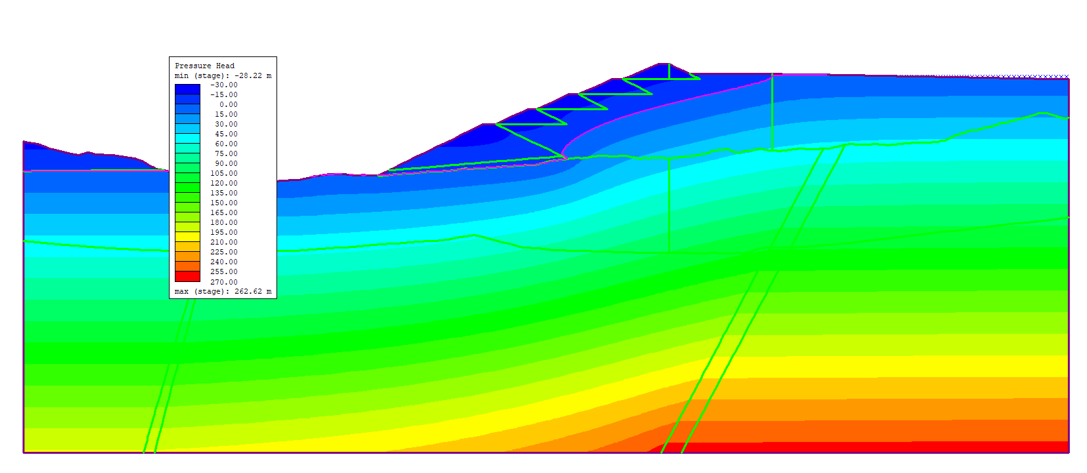 Figure 5. Pressure head and water table in the 2D model
