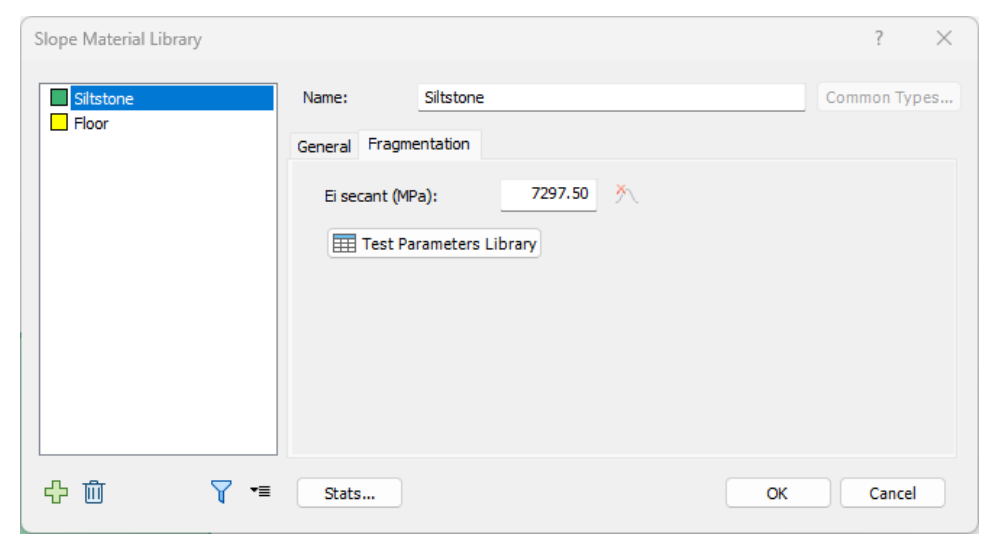 Figure 4. Slope material characterization with access to Test Parameters Library for reference parameters