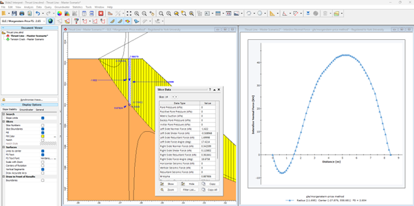 Figure 2. Interslice normal force (kN) shown in Slice Data and the graph showing Interslice normal force (kN) vs. Distance (m)