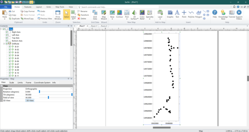 Figure 2: Plan view showing the locations of boreholes imported from RSLog