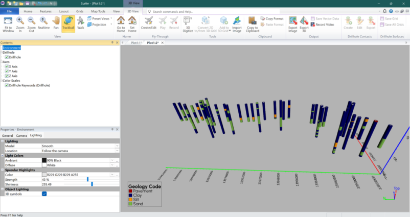 Figure 3: 3D view showing the imported boreholes and their stratigraphy