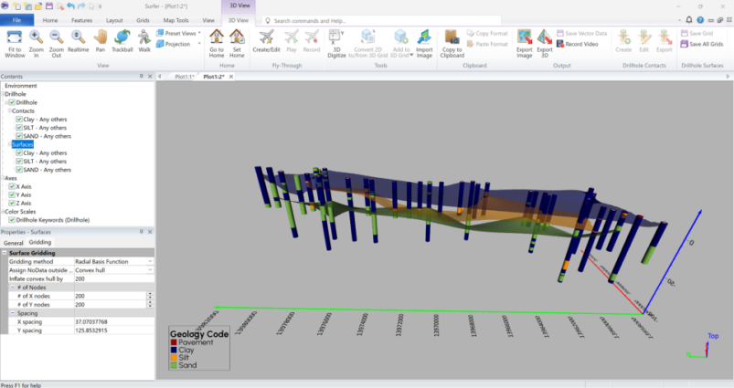 Figure 4: Surfaces created in Surfer according to borehole data