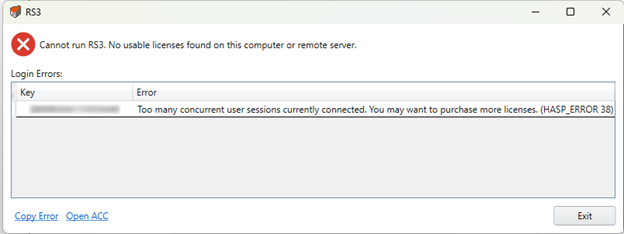 An image of an instance of RS3 running which displays the error (HASP_ERROR_38)