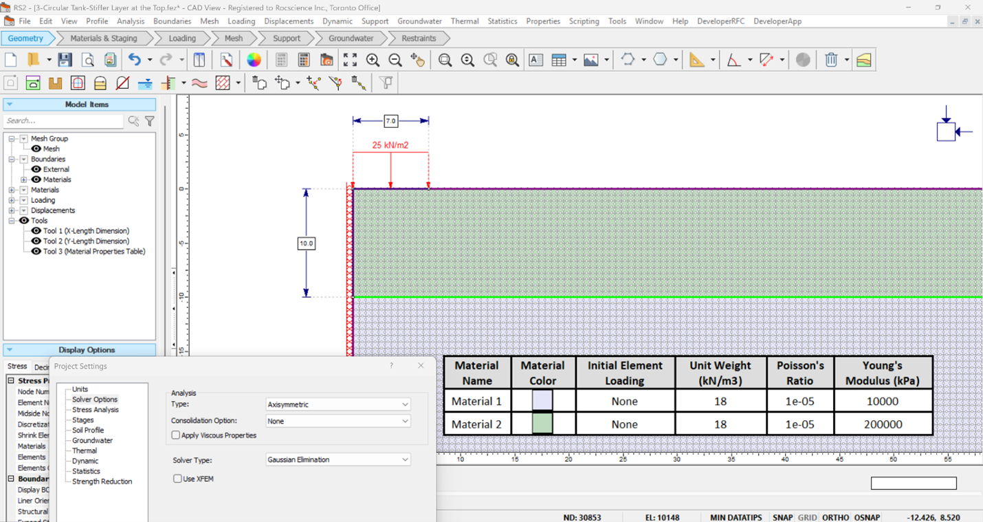 Model setup in RS2 for the case of Stiff-top / Soft-bottom profile (10 m over 40 m)