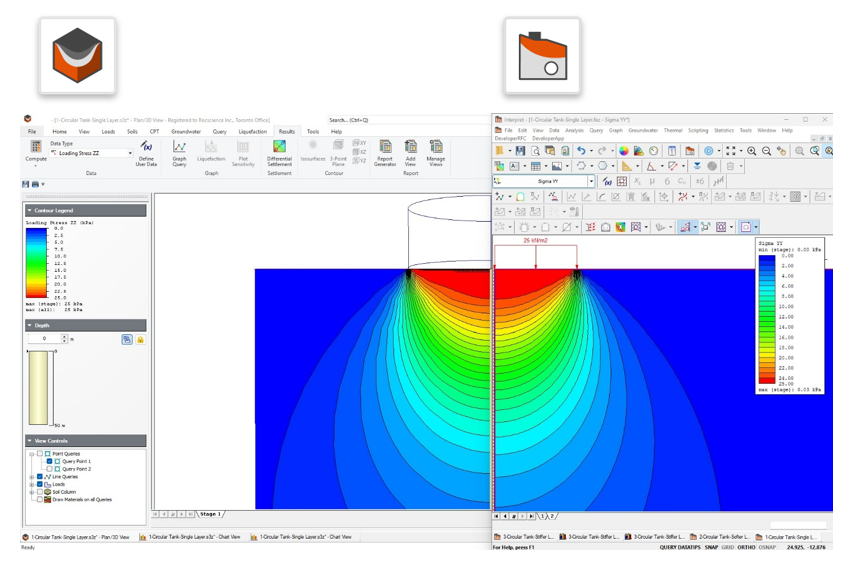 Stress and Settlement bubbles under the Storage Tank calculated by Settle3 using Boussinesq method and RS2 (FEM)