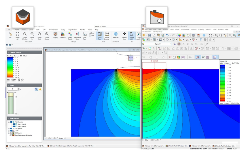 Stress bubbles under the Storage Tank calculated in Settle3 using Boussinesq and Multiple-Layer method and in RS2 (FEM)