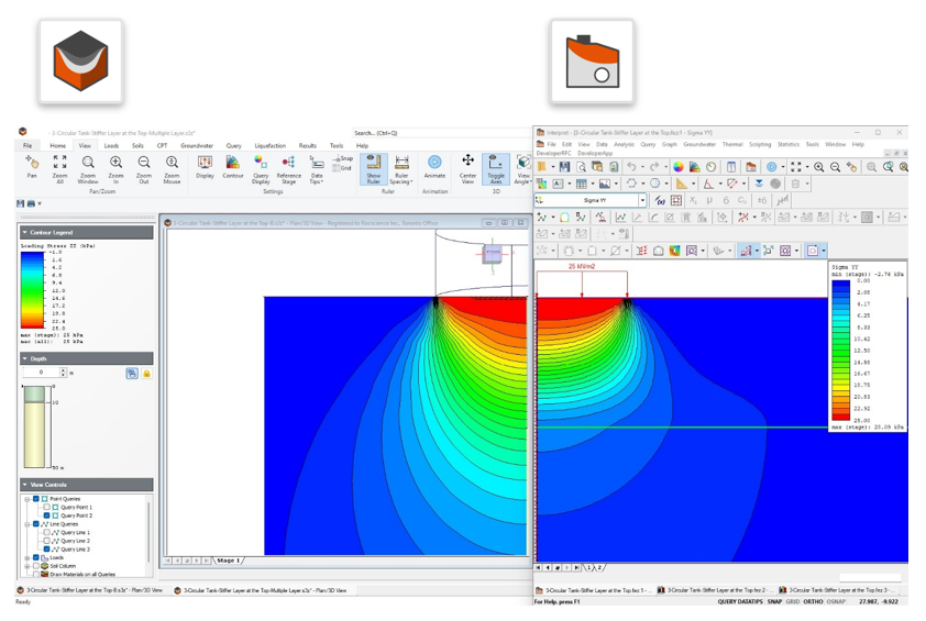 Stress bubbles under the Storage Tank calculated in Settle3 using Boussinesq and Multiple-Layers method and in RS2 (FEM)