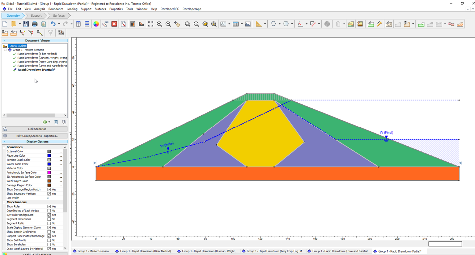 Initial and final water table positions in a Rapid Drawdown (Partial) scenario