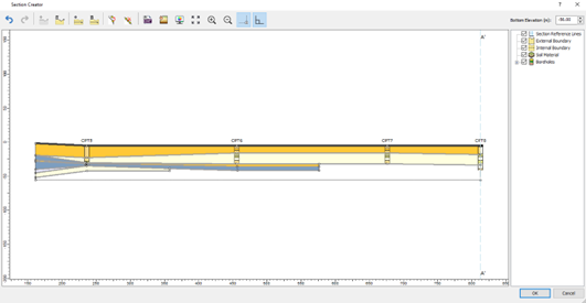 Figure B(i): A 2D model with discontinuous soil profile layers at the bottom of the CPT holes