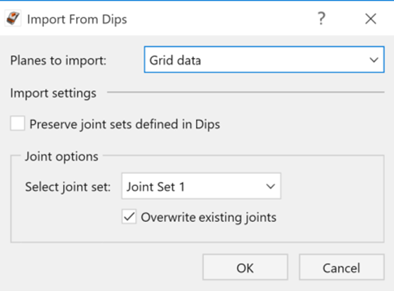 • If Preserve joint sets defined in Dips checkbox is not selected, then we can select one predefined joint set from the Define Joint Orientation dialog to import all the Dips joint orientation data to