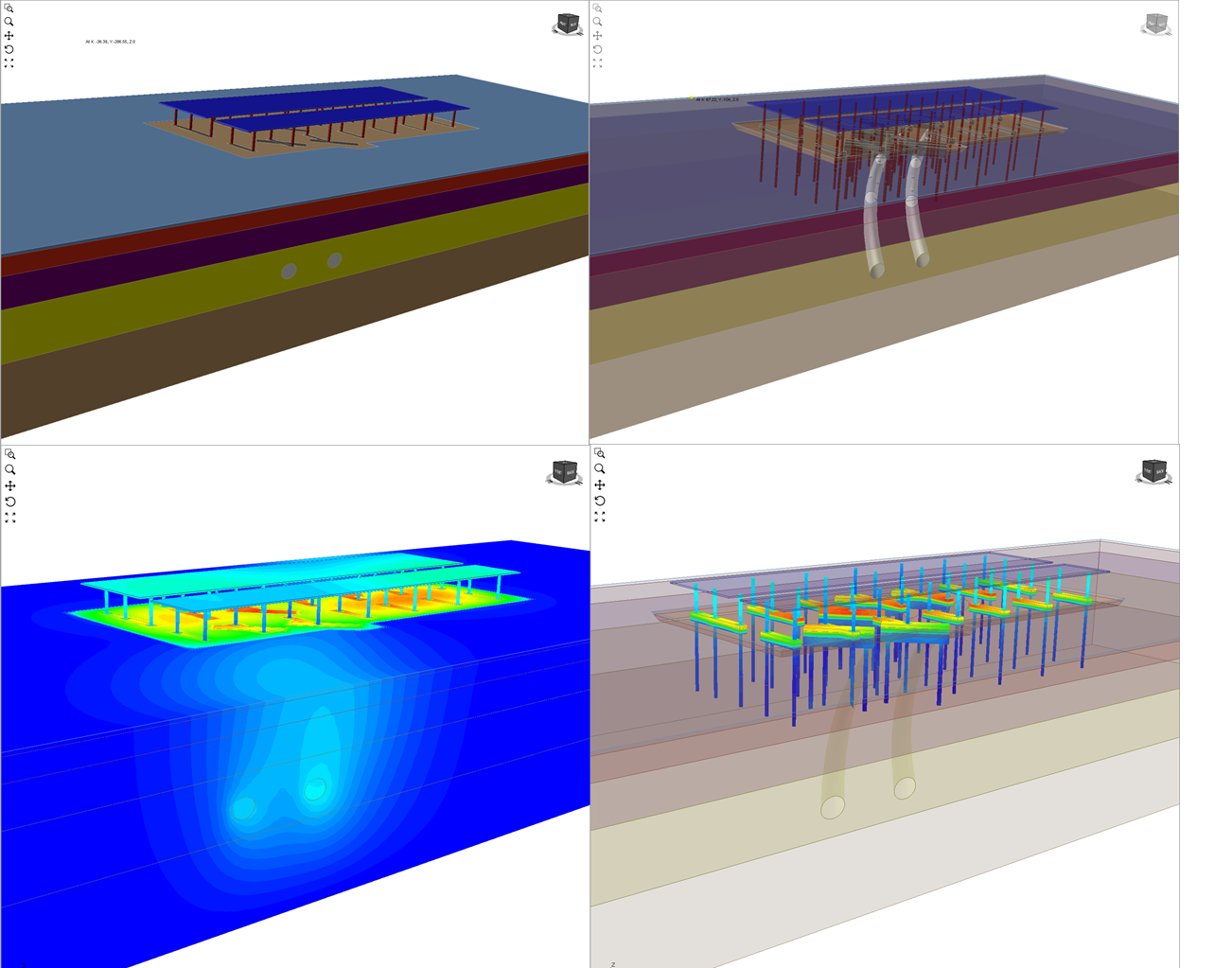 Simulations in RS3 of twin tunnels that pass underneath a group of piles that support a highway bridge