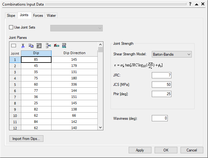 Image Showing the Input Data Dialog in SWedge for Combination Analysis