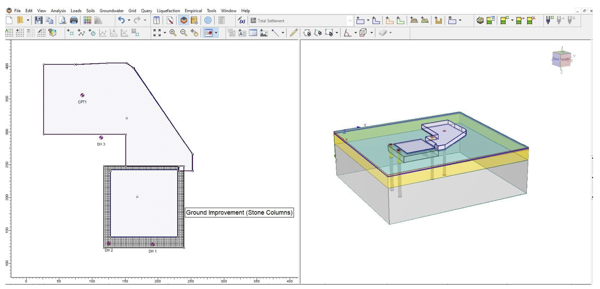 The image shows a Settle3 ground improvement with stone columns model