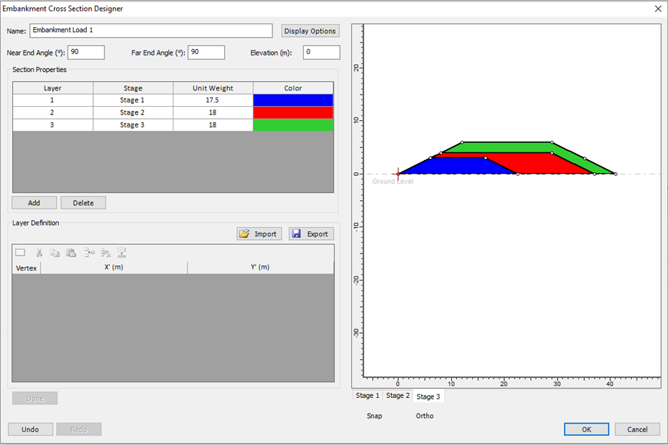 The image shows Settle3's embankment cross section designer dialog