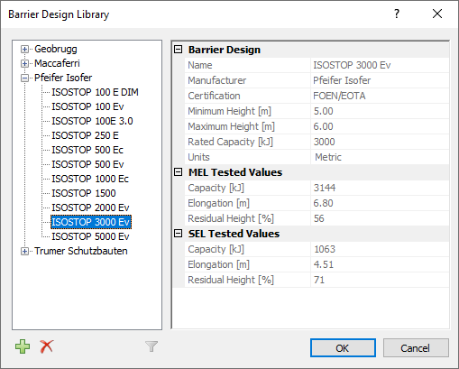 The image shows a RocFall2 dialog with Pfeifer Barriers