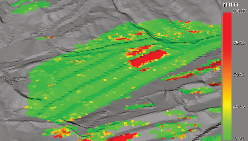 IBIS-FM monitoring data showing movement in the upper benches of a +250 m deep open pit gold mine.