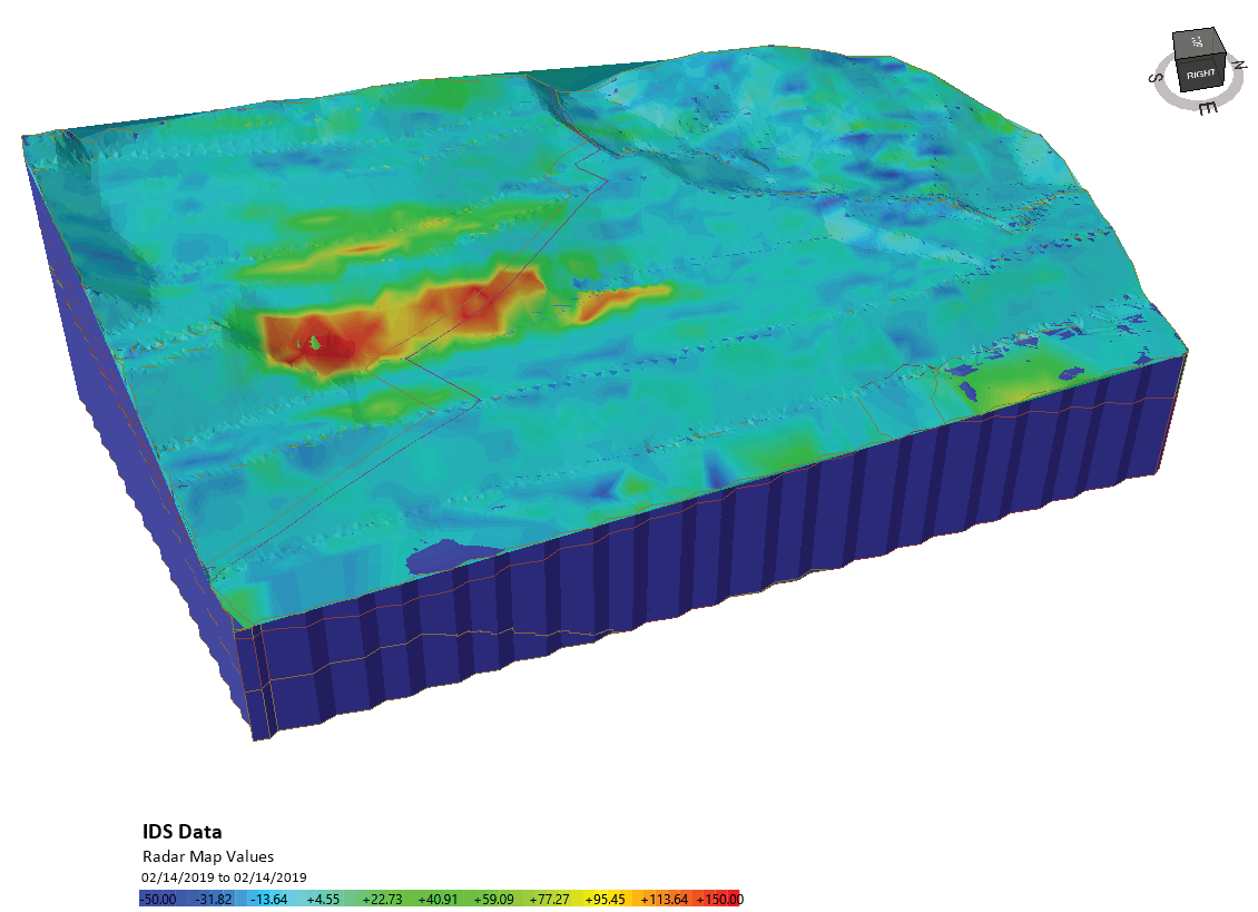 IBIS-FM radar monitoring data overlain on excavated slope surface showing good correlation between maximum measured deformation and maximum modelled displacement.