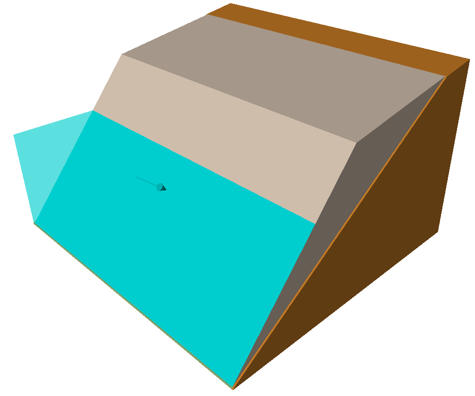 RocPlane planar failure wedge model with ponded water and plane water applied to the slope and failure planes