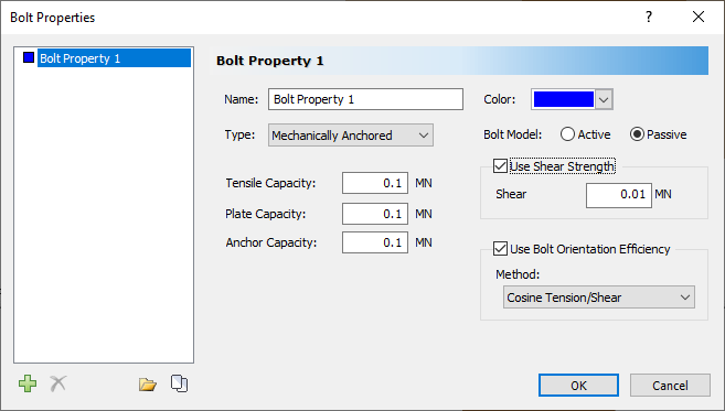 Bolt Properties dialog in RocPlane and SWedge