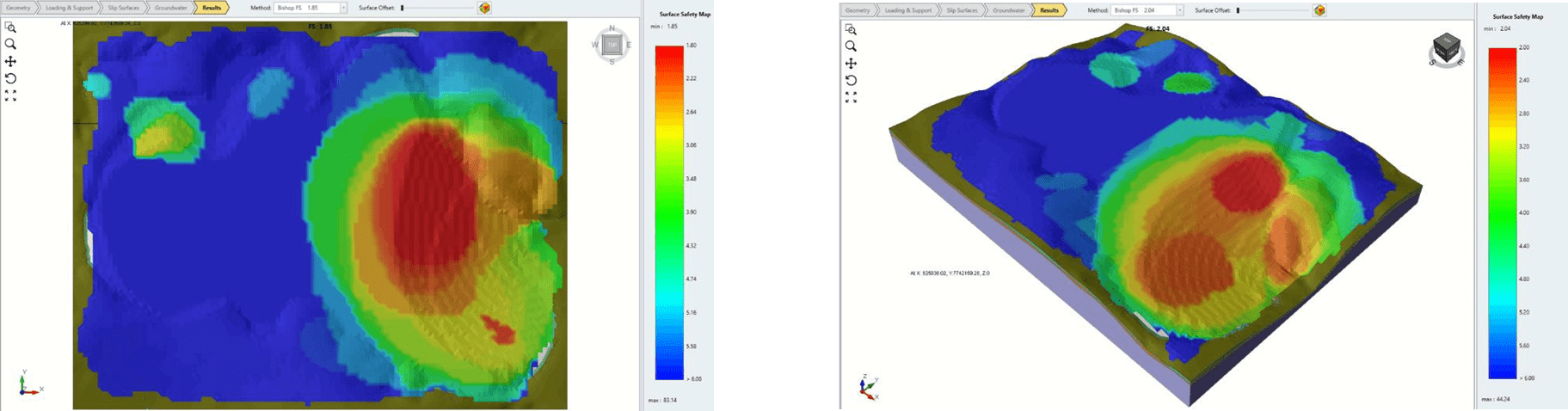 Figure 4: Safety Map view of the results obtained from 3D stability analysis at Residual (left) and Peak material strengths (right).