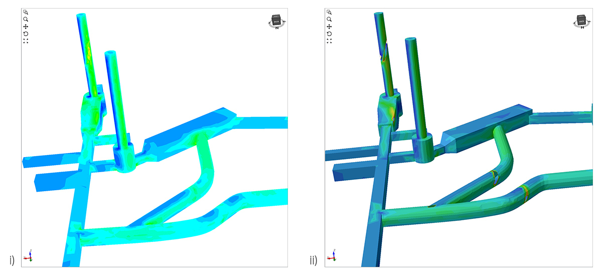 Contours of major principal stresses around the excavations as viewed in (i) RS3 and (ii) EX3. Note the stress concentrations on both plots where the fault intersects the excavations.