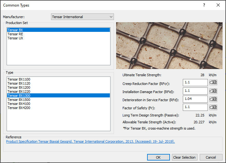 The image is showing a dialog common types of geosynthetic supports in Slide2