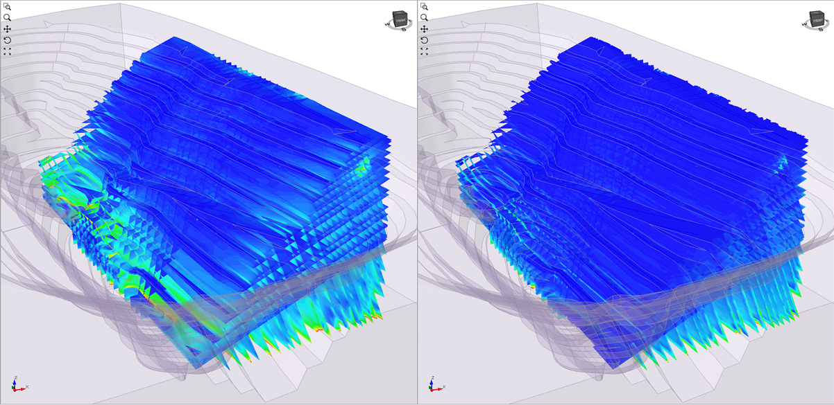 Left: Contours of relative shear displacement along the joints in a discontinuity network in an area of an open pit; Right: Contours of normal displacement along the joints in a discontinuity network in an area of an open pit