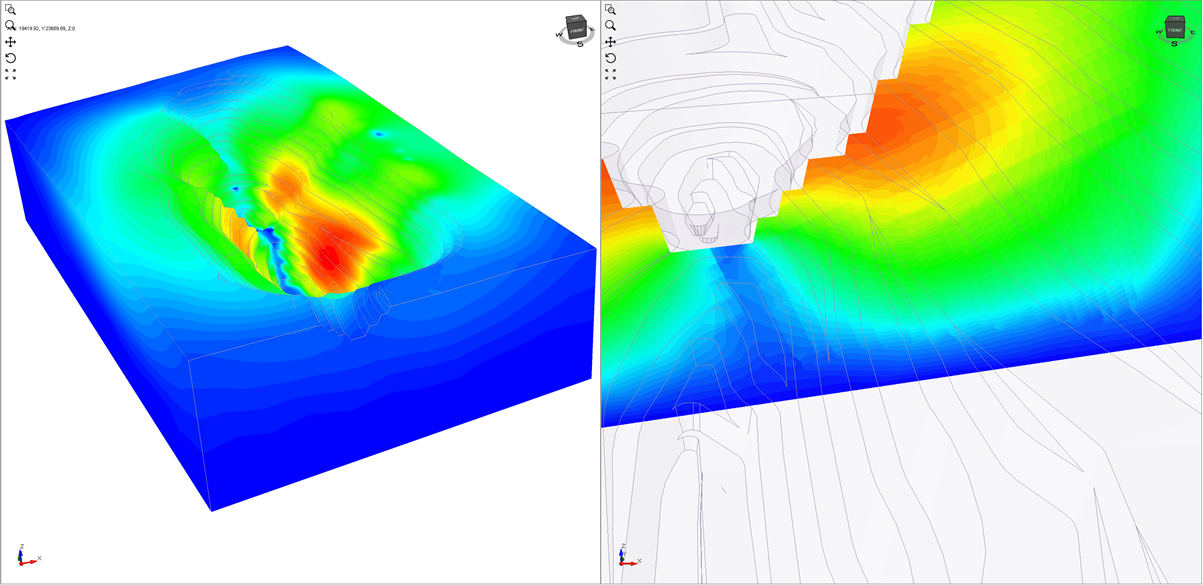 Left: Contours of total displacement around the walls of an open pit modelled with a network of joints.; Right: Contours of total displacement on a vertical plane through a wall of an open pit in a blocky rock mass. Discontinuous movements (slip) in the east wall are visible in the plot.