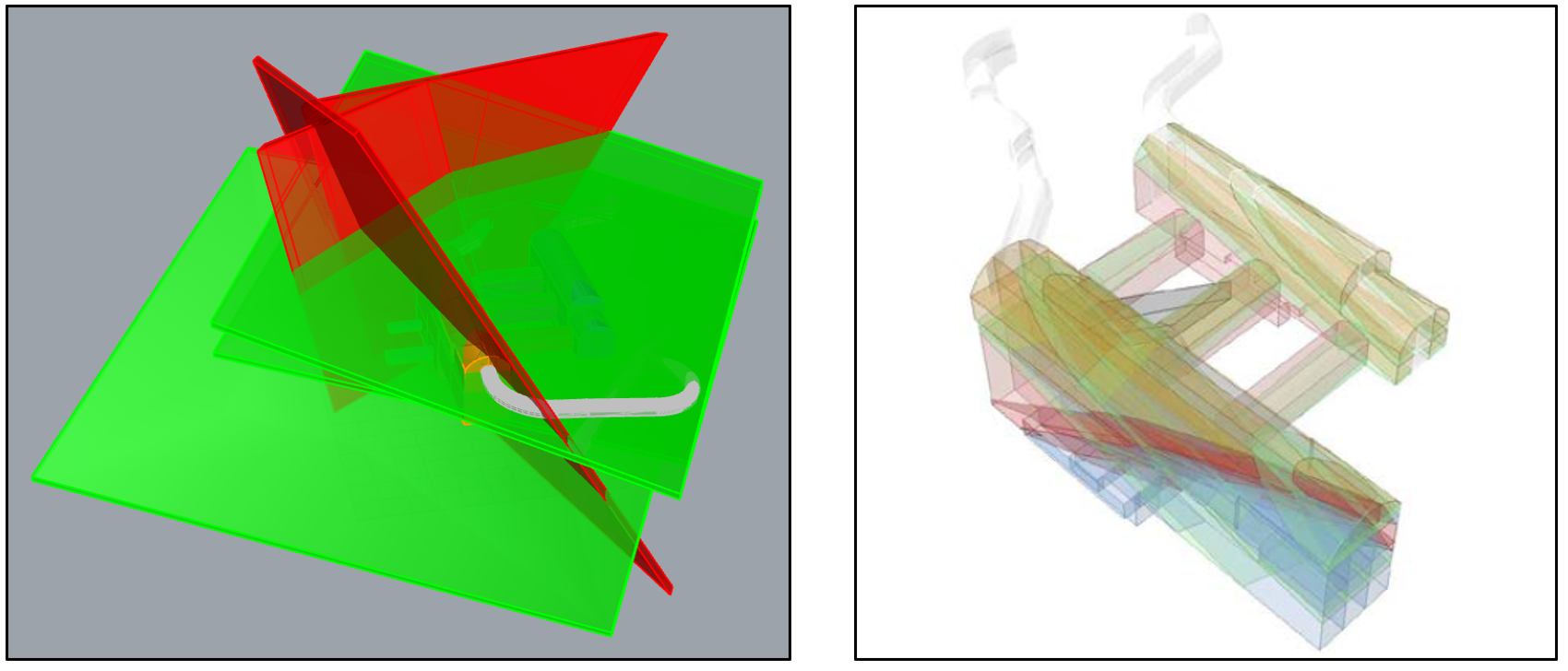 Figure 2: 3D representation of fault systems (in red) and pyroclastic layers (in green) around the cavern complex (left), lithologies on excavation zones in RS3 (right)