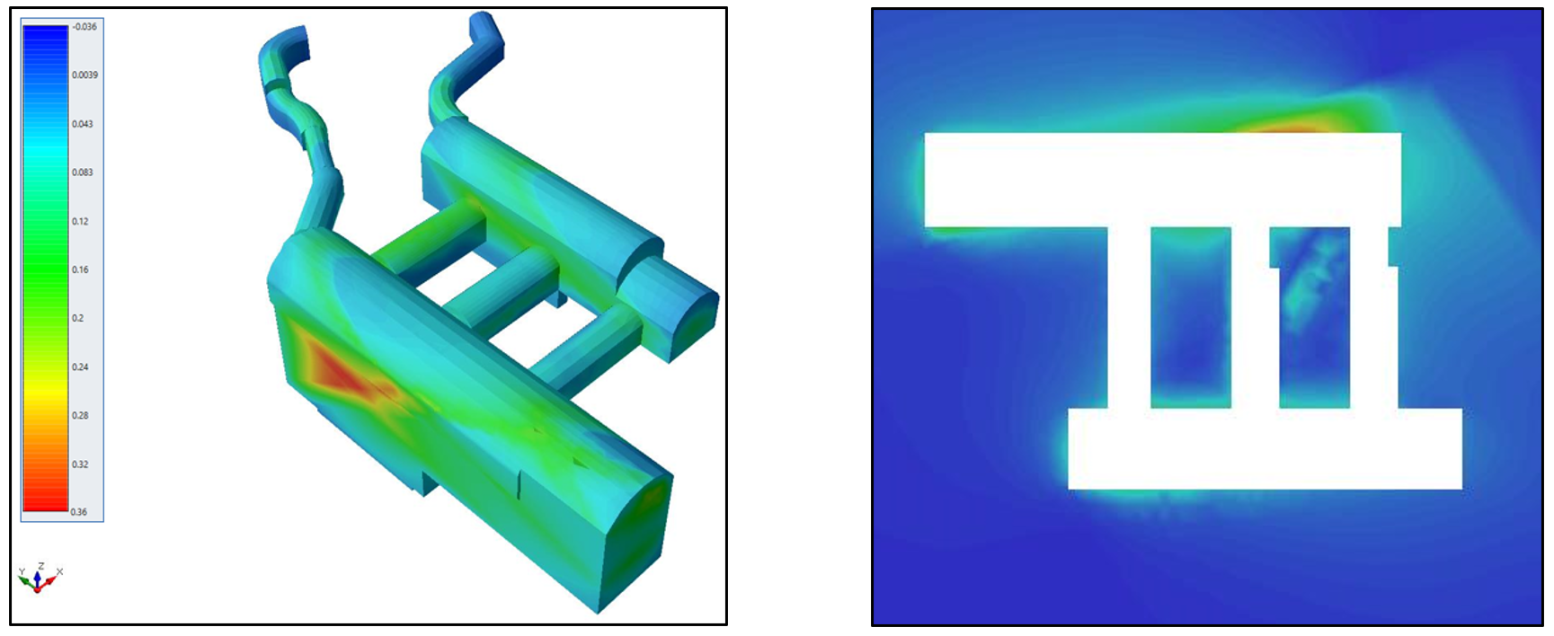 Figure 4: Values of total displacements (expressed in m), perspective (left) and plan (right) views.