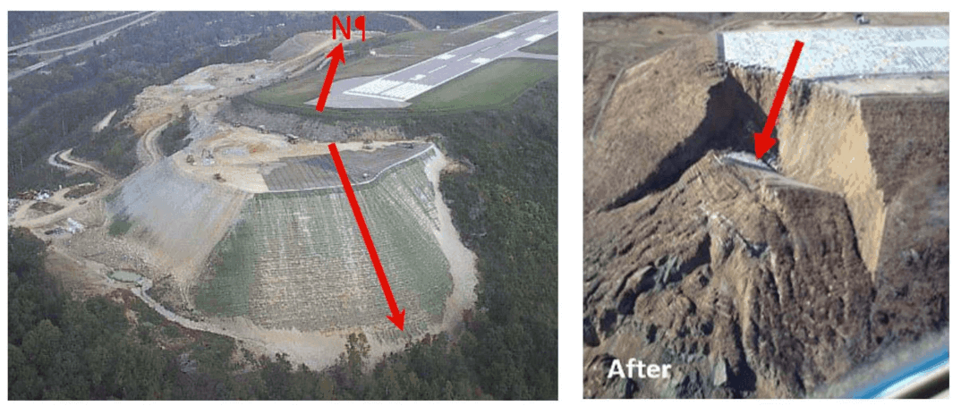 Figure 1: Yeager Airport RSS during construction with black primary geogrid and green geosynthetic wrap (Left). The same RSS after failure (right).