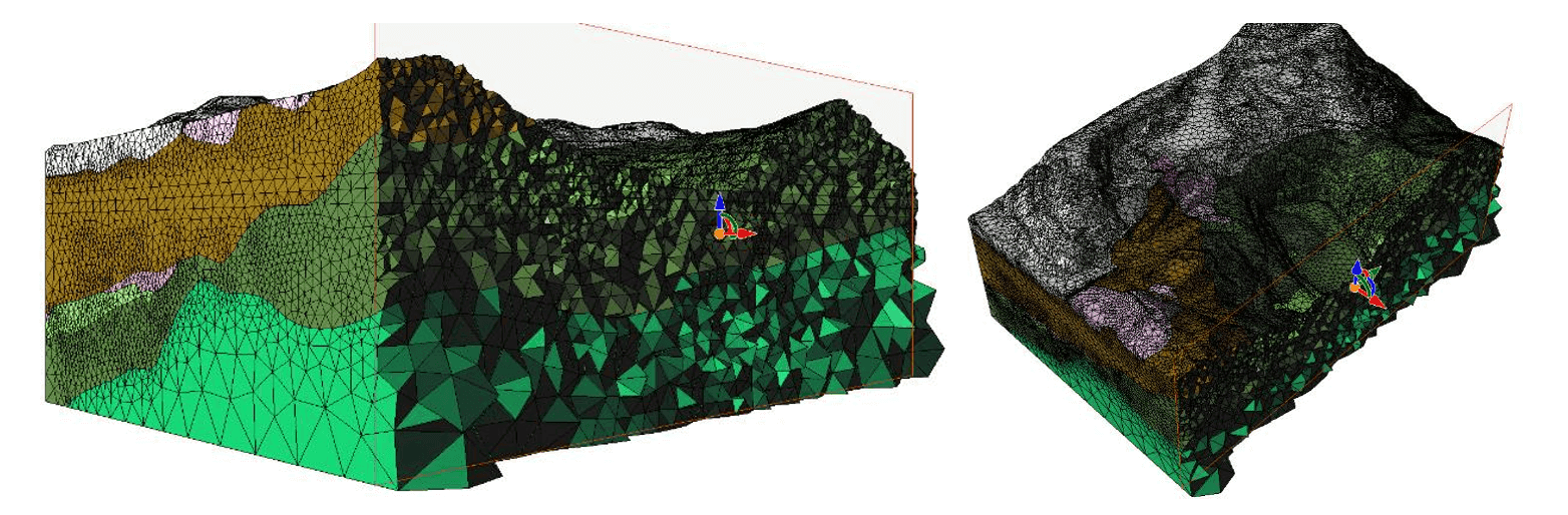 Pit Floor at 310 mRL: 3D FEM; Left: looking horizontally NW; Right: Isometric view looking NW down.