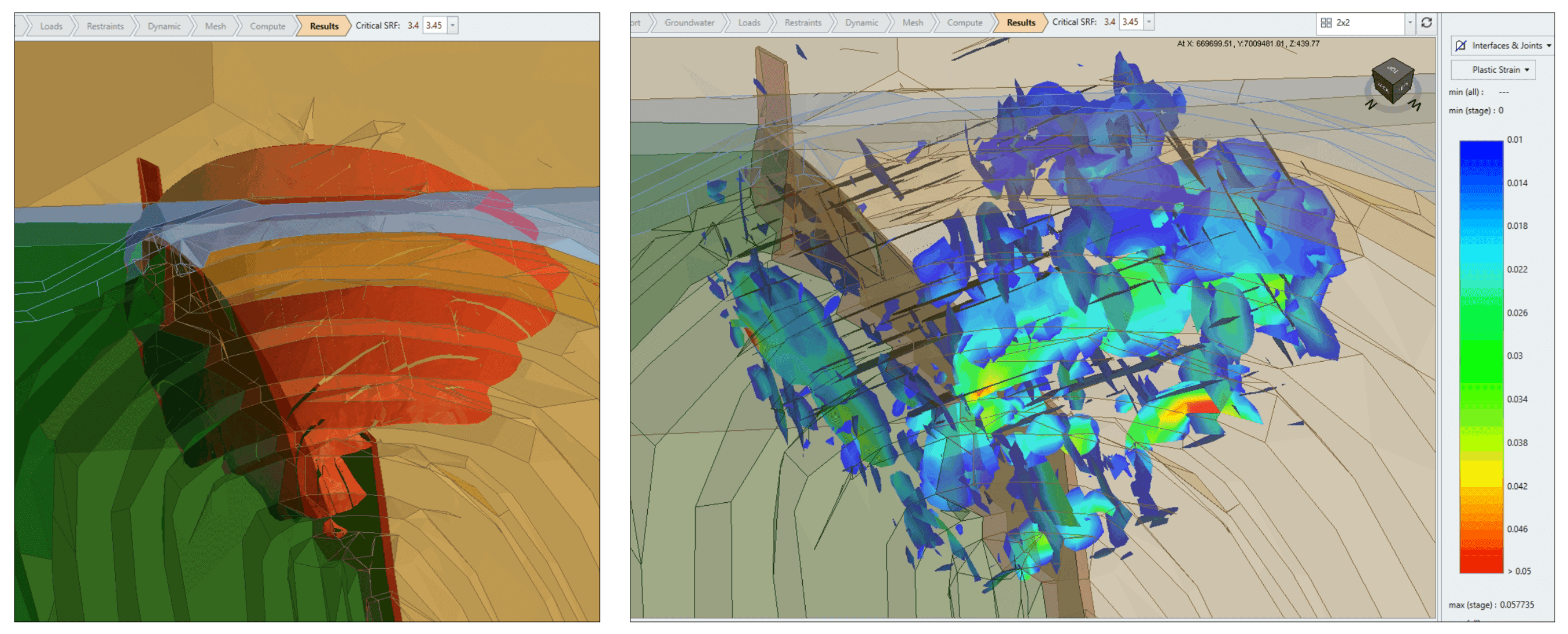 Isosurface defining extent of potential instability (at a SRF of 3.45) (left). Plastic shear strain (indicating slip) on joints (right)