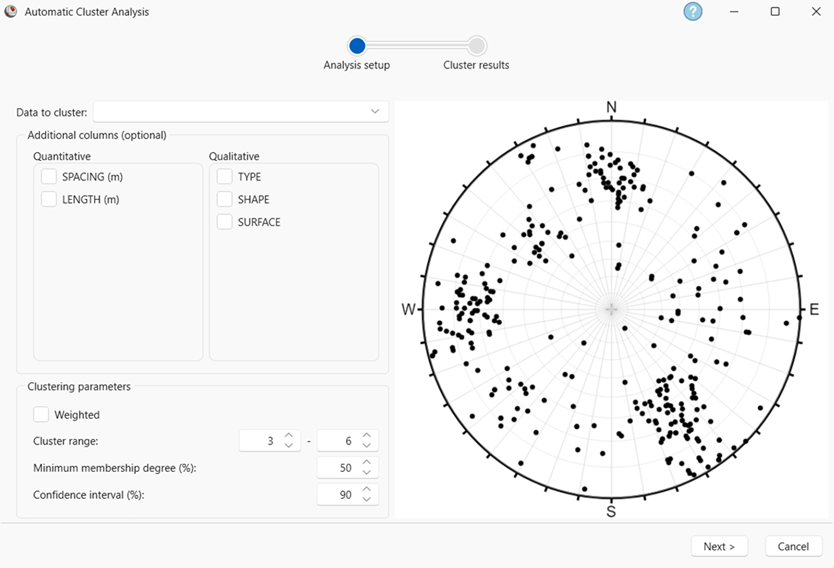 The Analysis Setup page in the Automatic Cluster Analysis Wizard displaying the data to be clustered and the clustering parameters.