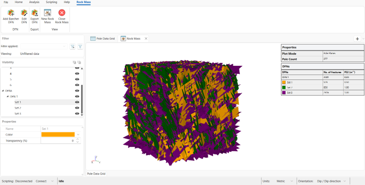 Rock Mass View interface showing the 3D visualization environment for discrete fracture networks.