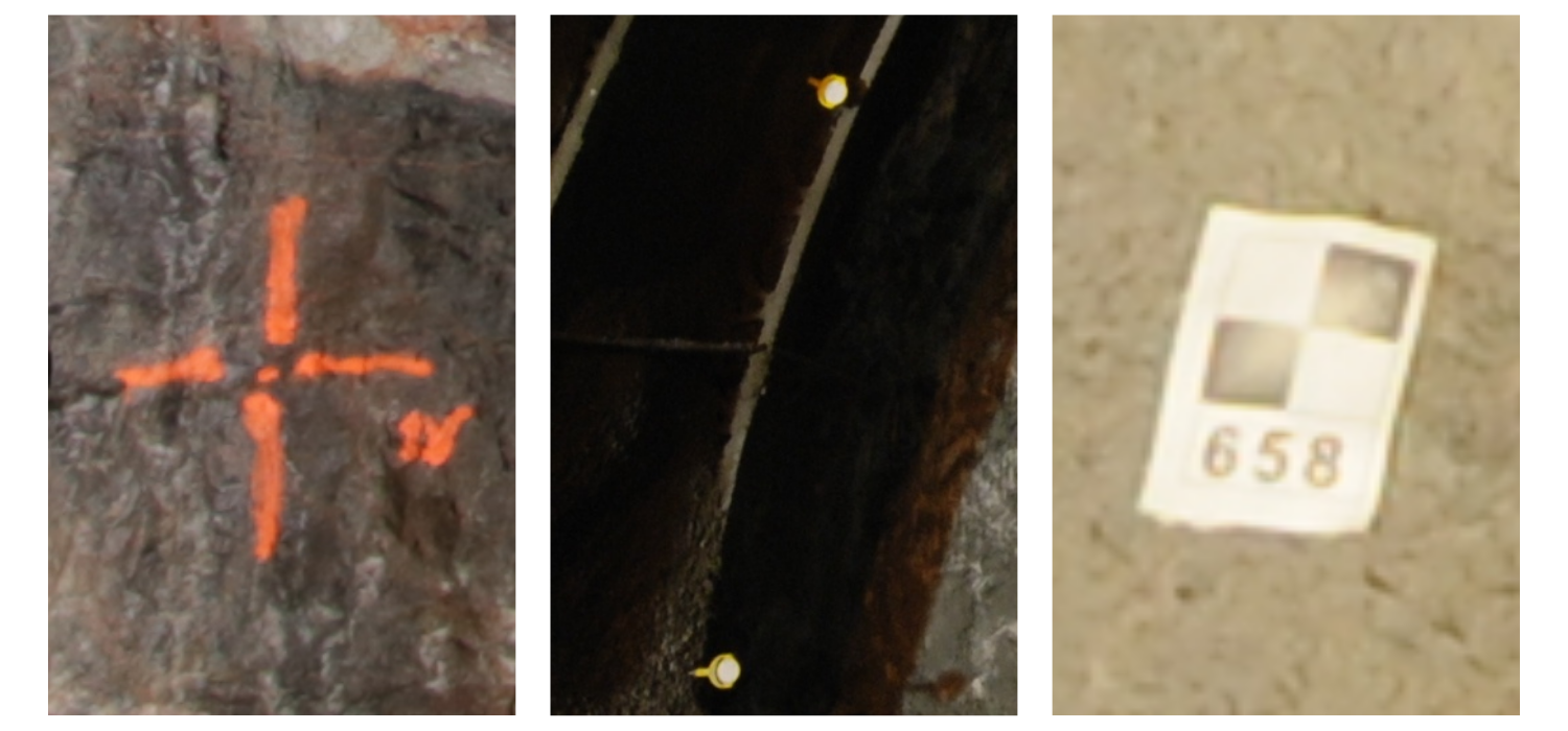 Figure 3. Examples of ground control points (left to right): spray painted marker, pre-installed survey target, dedicated GCP marker.